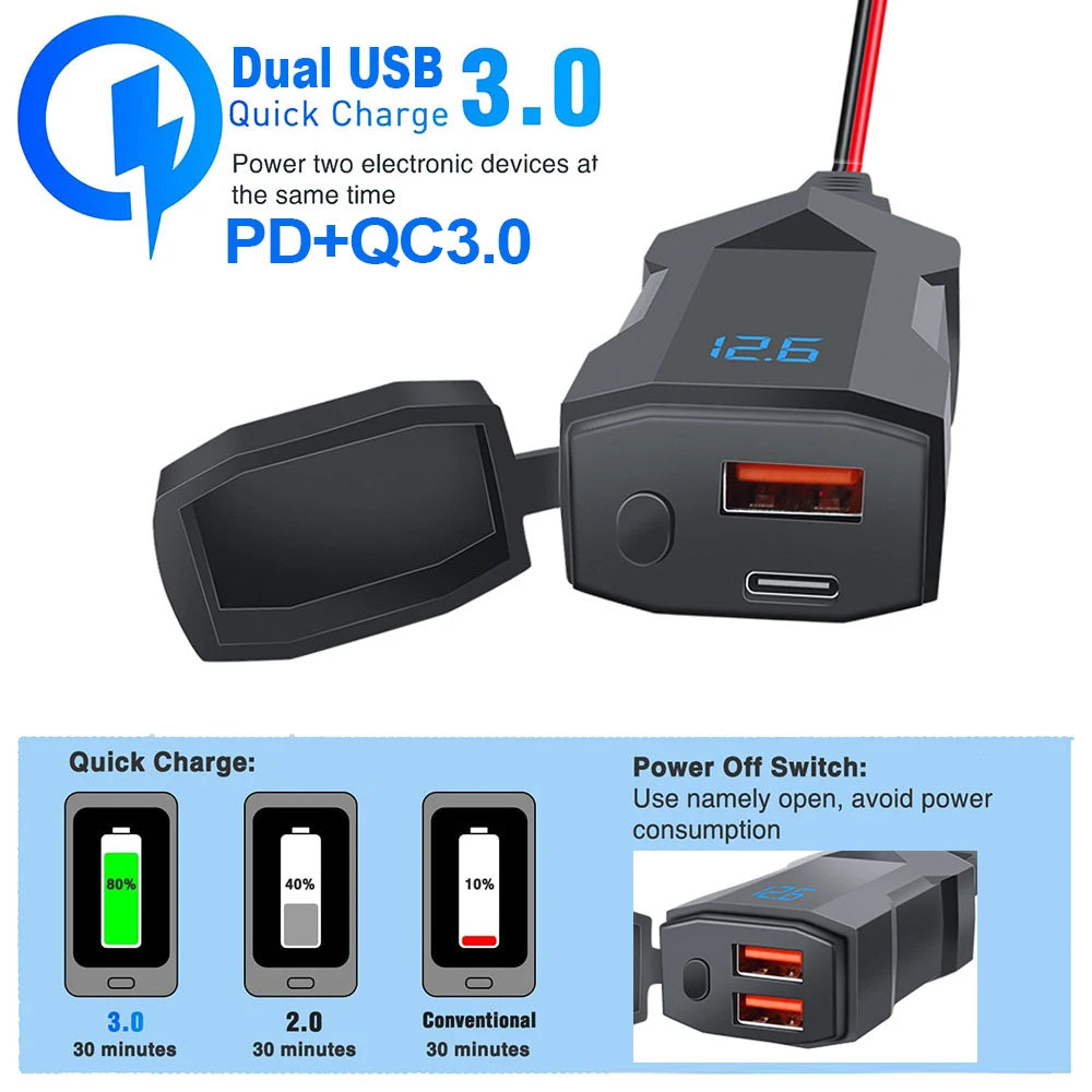 48W Dual USB-C & USB-A Motorcycle Phone Charger with Voltmeter