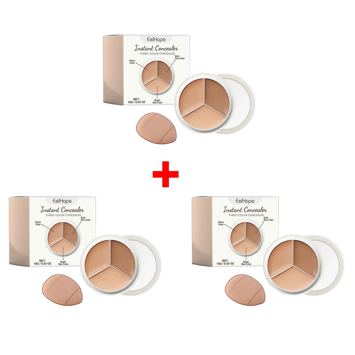3-Color Cream Concealer Palette for Dark Circles and Blemishes