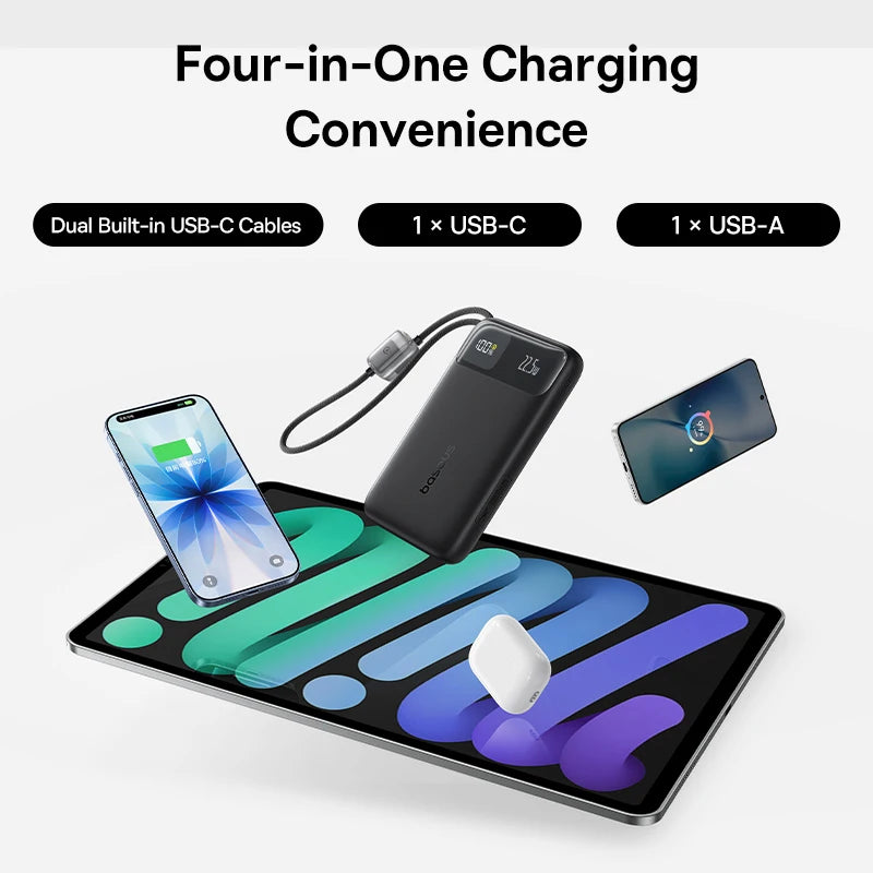 10000mAh Portable Power Bank with Dual Built-in USB-C Cables