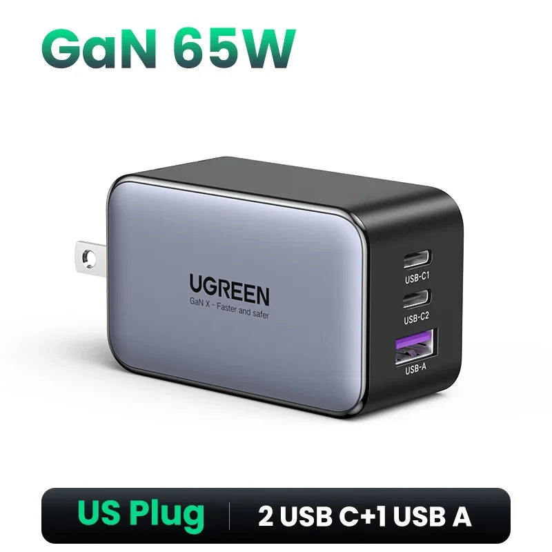 65W GaN Fast Wall Charger with 3 Ports for Laptops and Phones