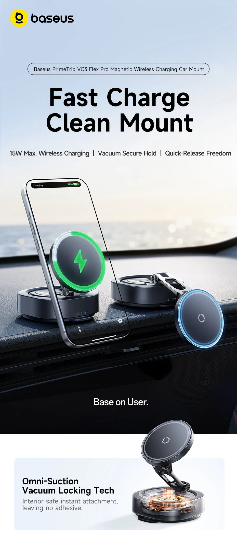 Magnetic Wireless Charging Car Mount with Vacuum Suction