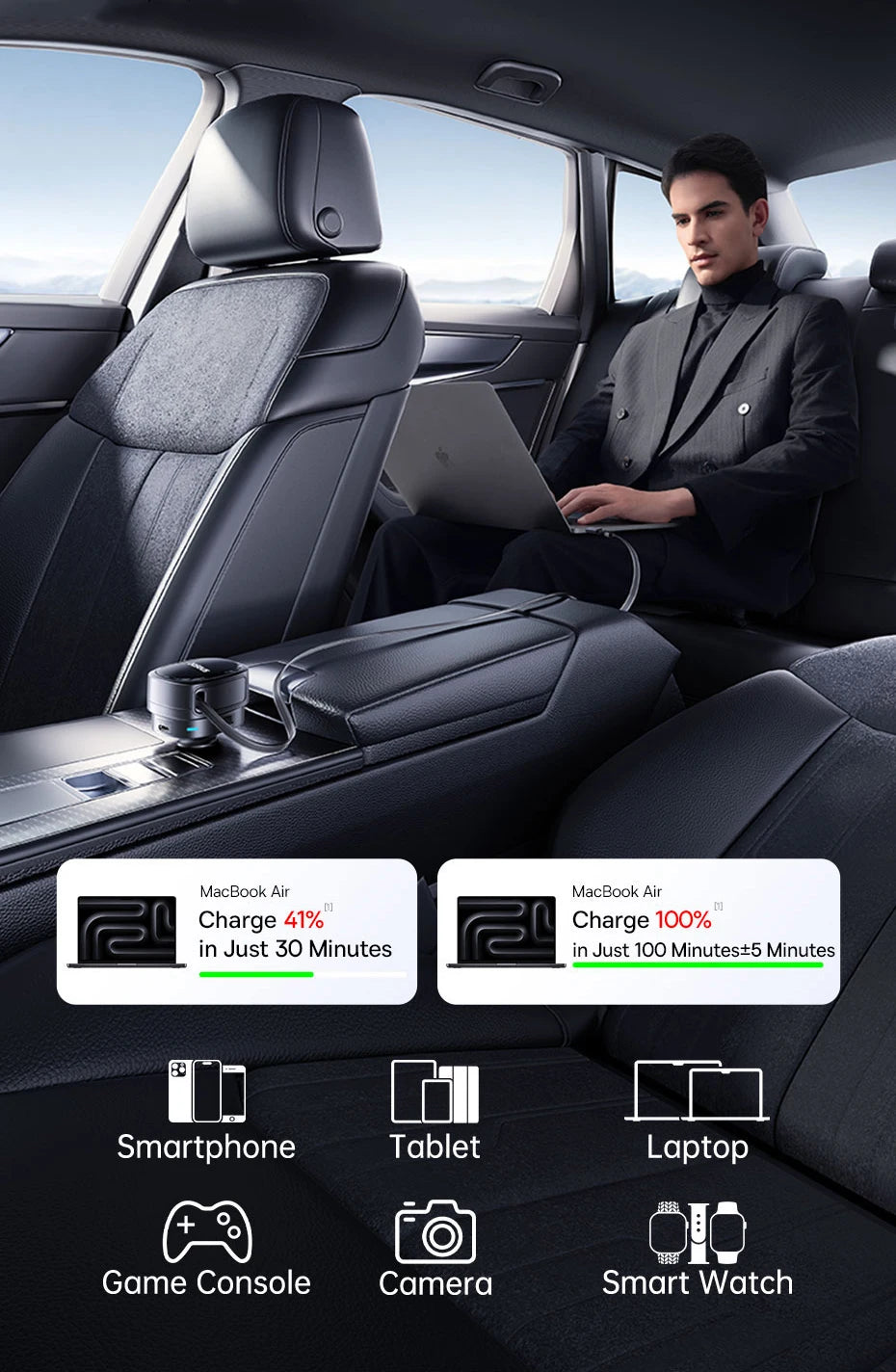 60W Retractable Fast Car Charger with 3 Ports - 10