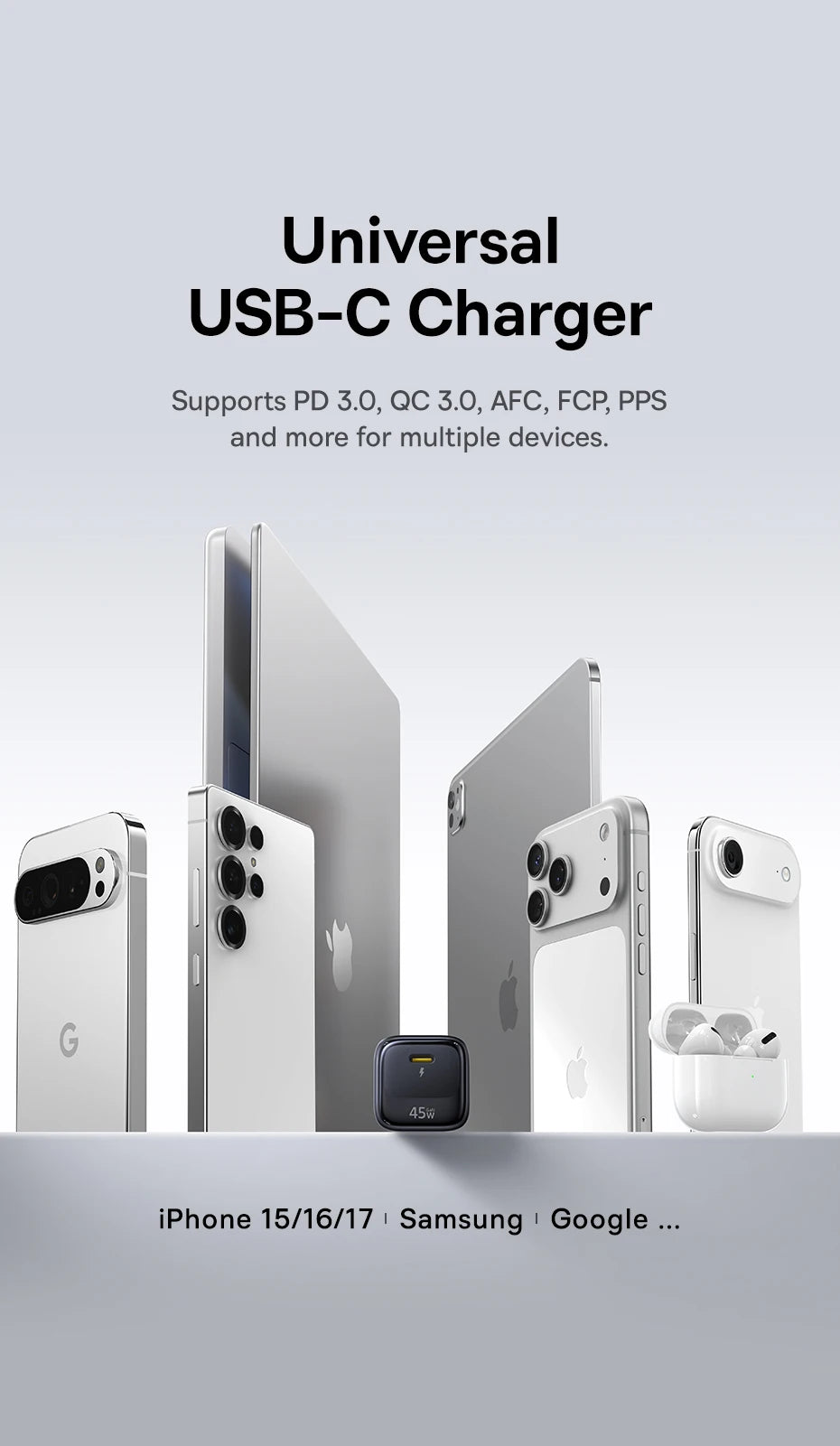 45W GaN USB-C Fast Wall Charger for Smartphones and Tablets
