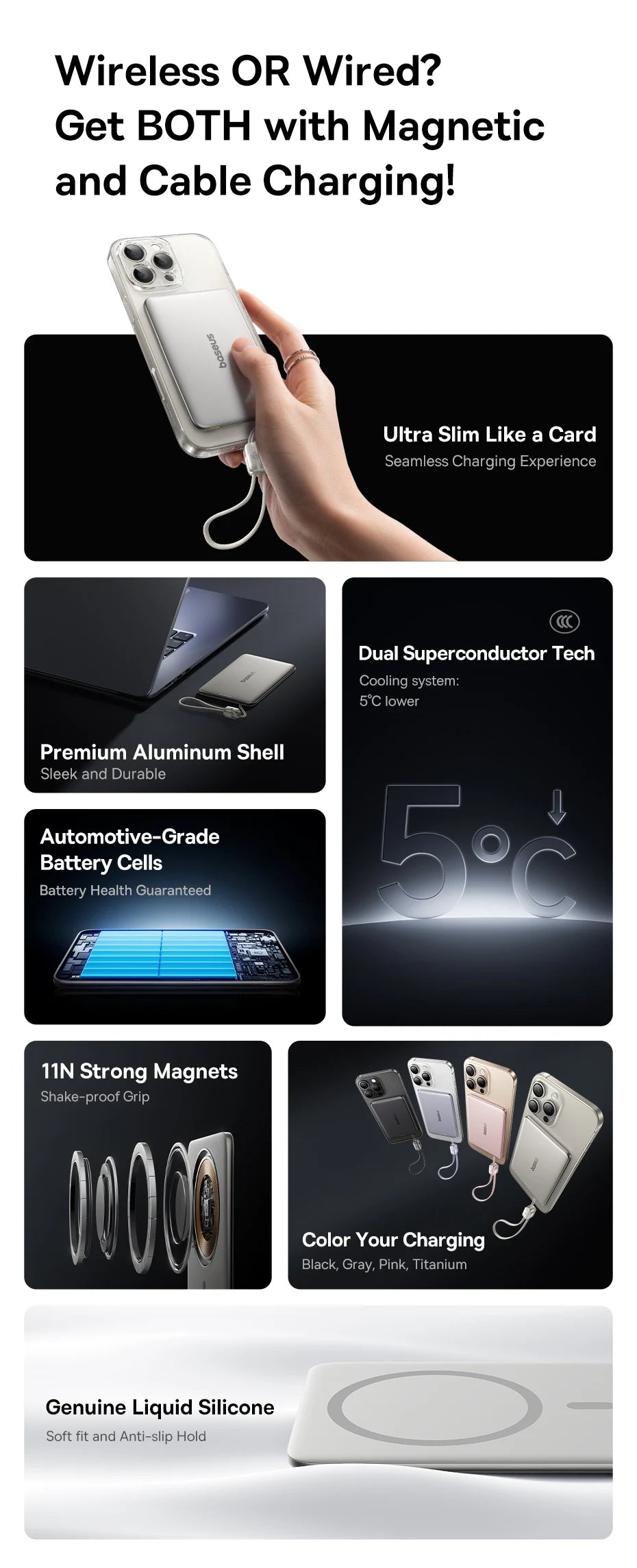 10000mAh Magnetic Wireless Power Bank with Built-in Fast Charge Cable - 8