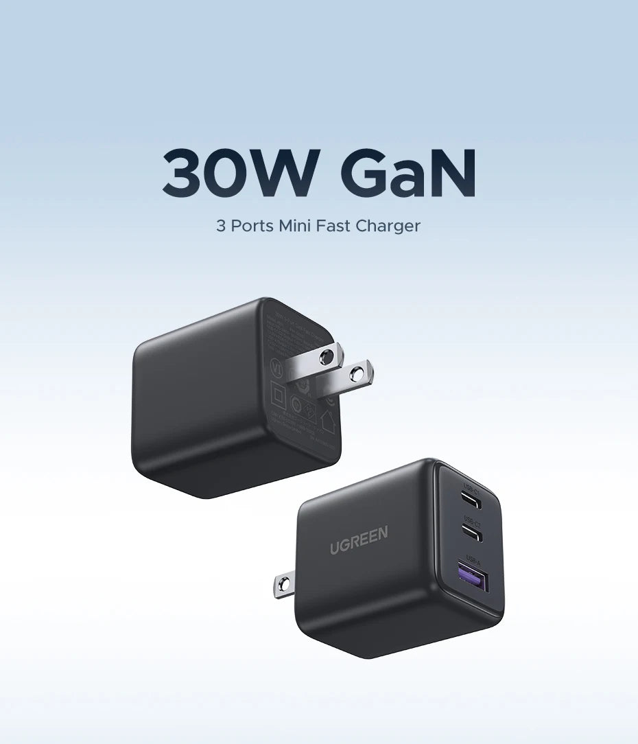 30W GaN Fast Wall Charger with 3 Ports for Smartphones and Tablets - 7