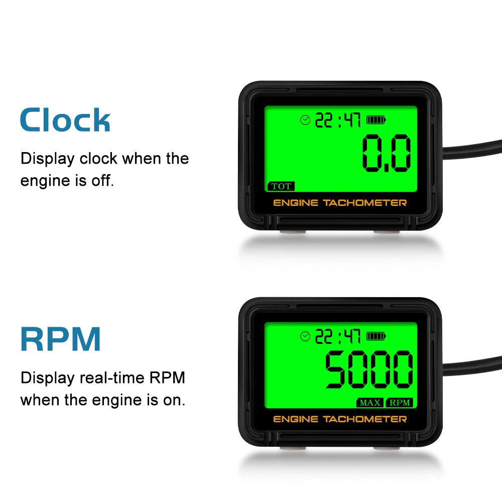 Digital Inductive Engine Tachometer and Hour Meter with Backlit LCD