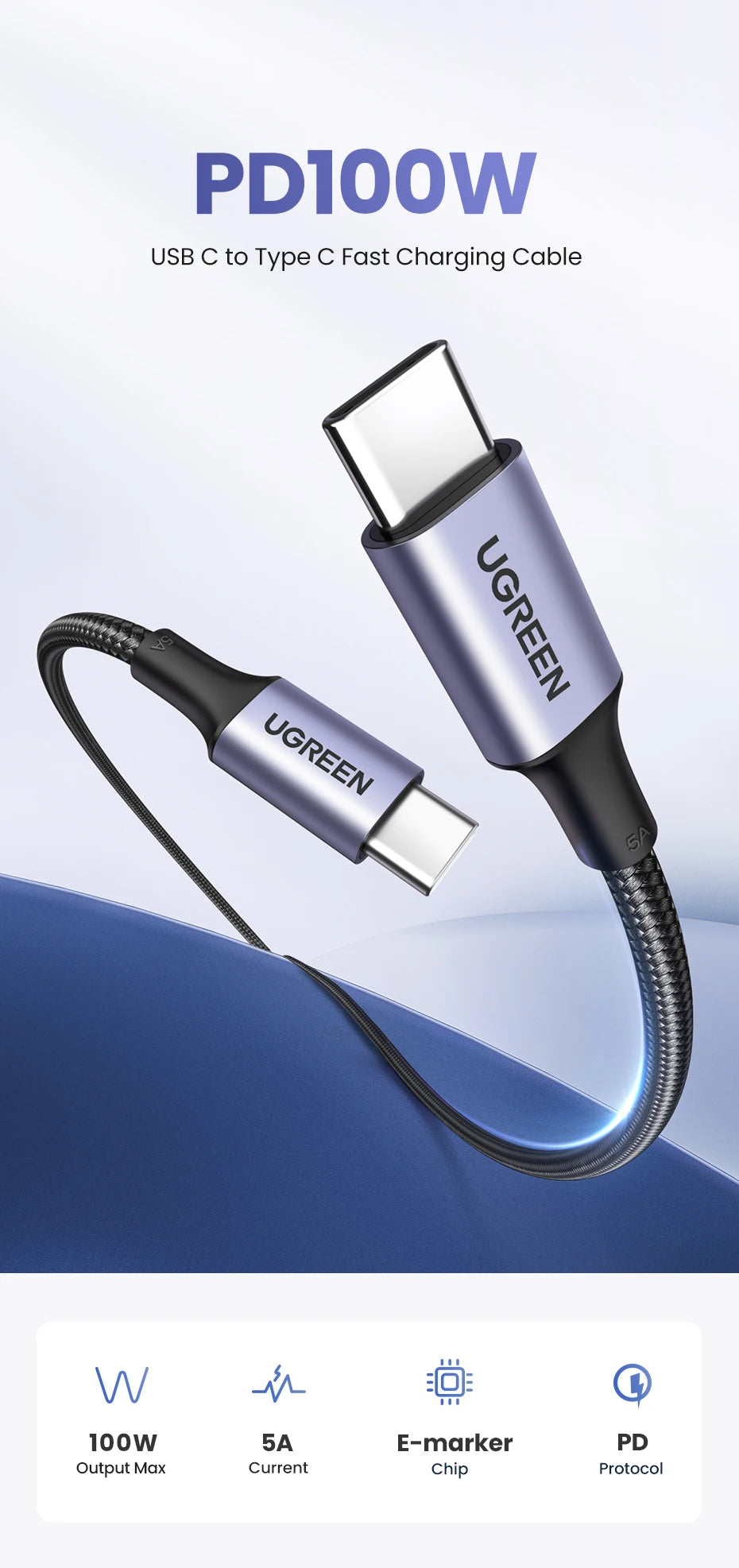 100W USB-C to USB-C Fast Charging and Data Sync Cable - 7