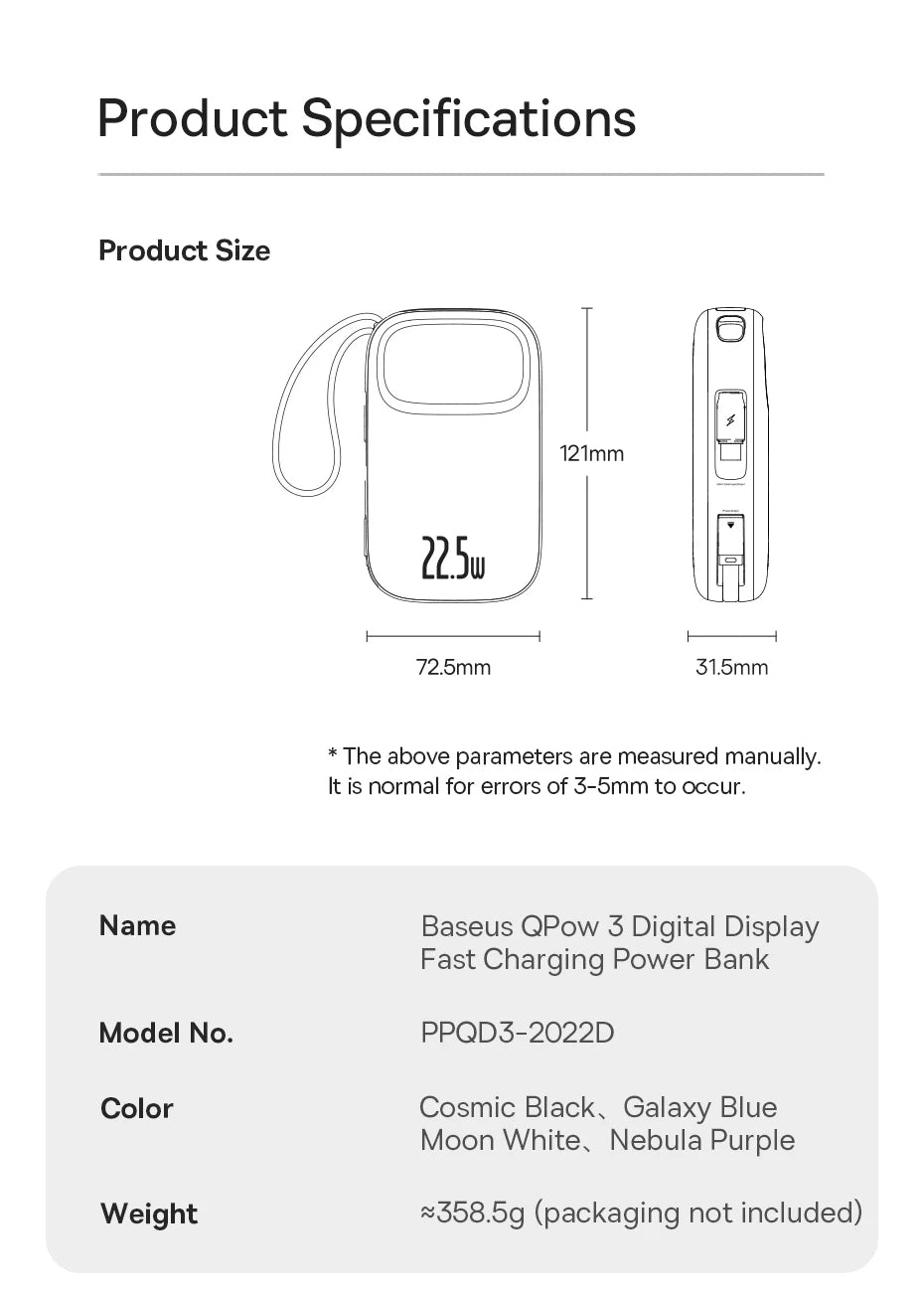 22.5W Fast Charging Power Bank with Built-in Cables