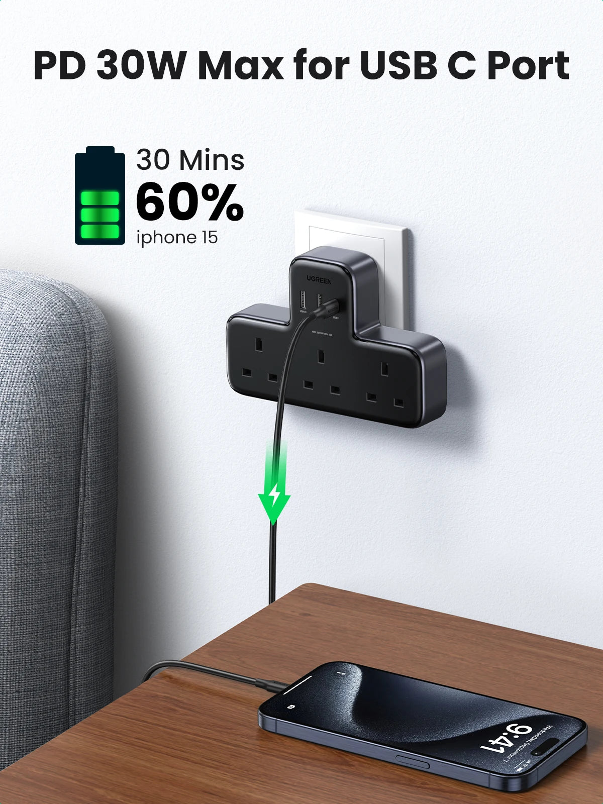 6-in-1 UK Plug Power Strip with 30W USB-C Fast Charging - 3