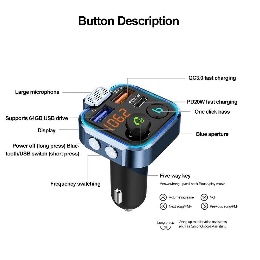 Bluetooth 5.0 FM Transmitter Car Adapter with 38W PD and QC3.0 Charger
