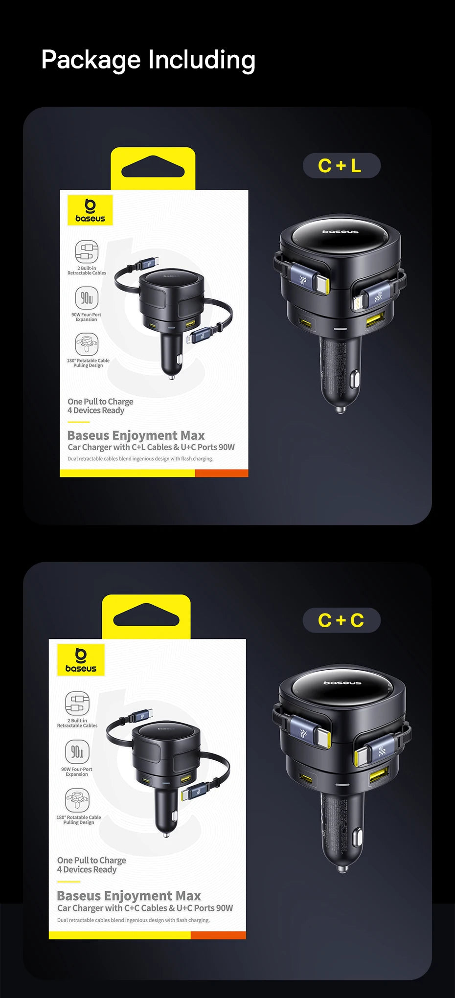 90W Fast Car Charger with Dual Retractable Cables