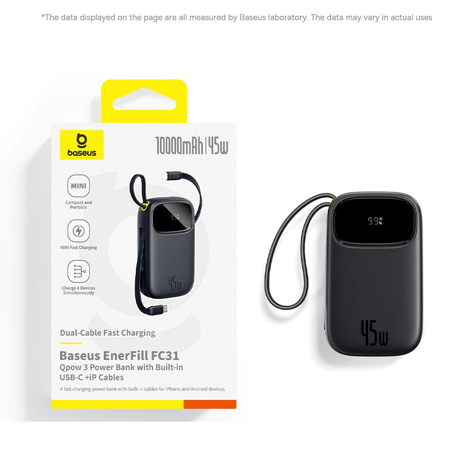 45W Fast Charging Power Bank with Built-in Cables