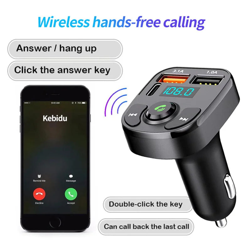 Bluetooth 5.0 FM Transmitter Car Radio Kit with Type C and Dual USB