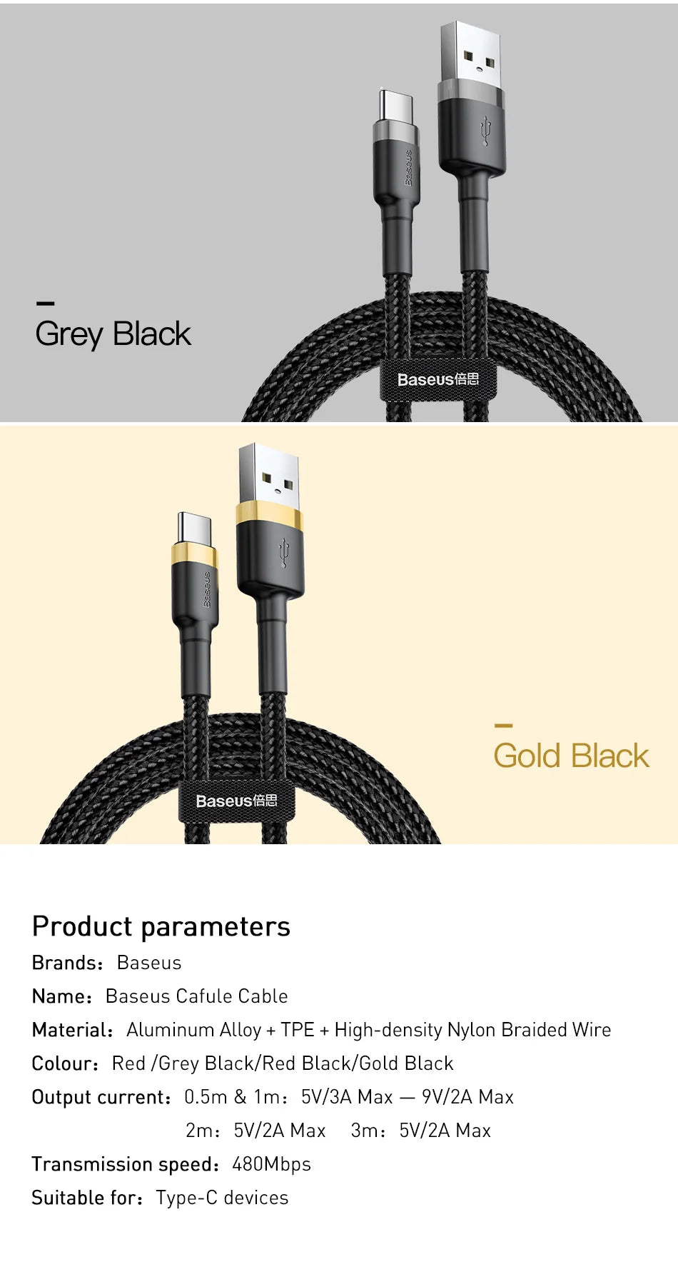 3A Fast Charging USB-A to USB-C Braided Data Cable