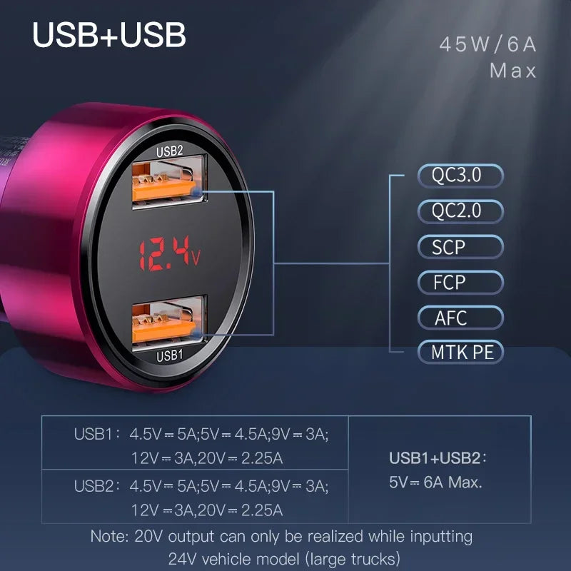 45W Dual-Port Fast Car Charger with LED Voltage Display - 2