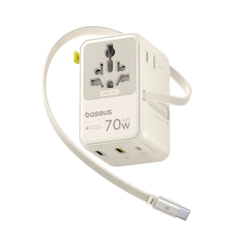 70W Universal Travel Adapter with Built-in Retractable Cable