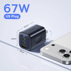 67W GaN Fast Charger with 3 Ports for Laptops and Smartphones