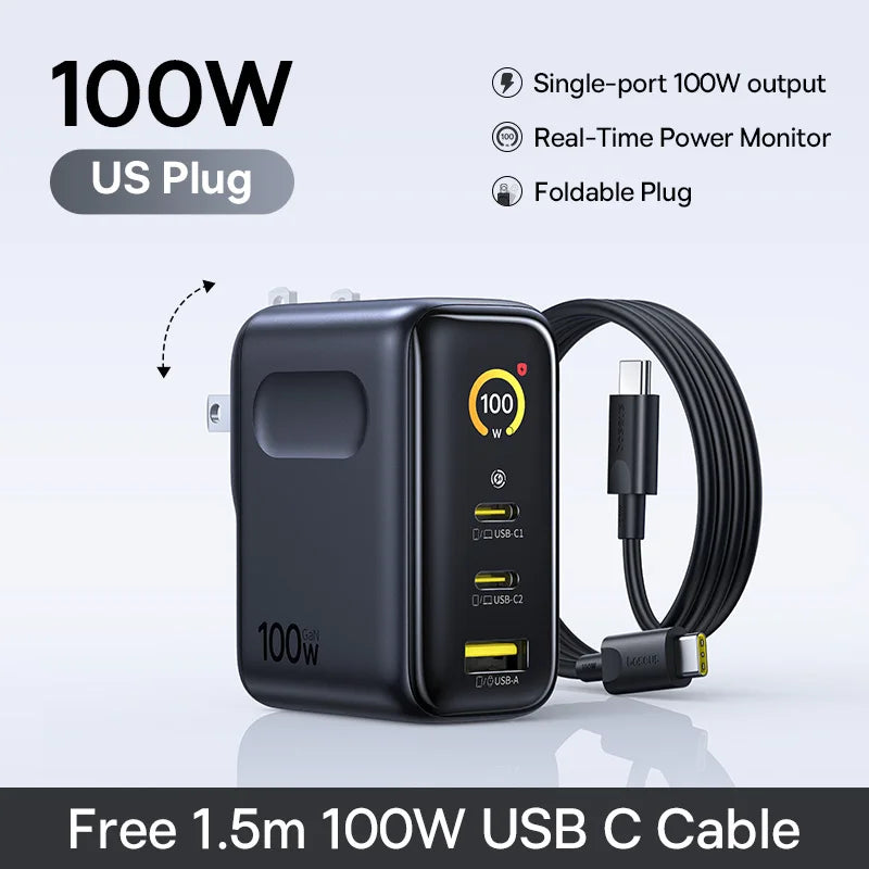 100W GaN Fast Charger with Digital Power Display and Foldable Plug - 24