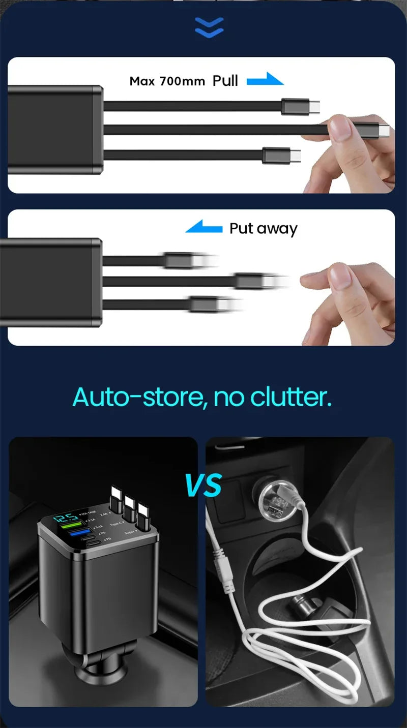 7-in-1 Fast Car Charger with Retractable Cables and Digital Voltmeter