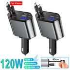 120W 4-in-1 Retractable Fast Car Charger with Voltage Display