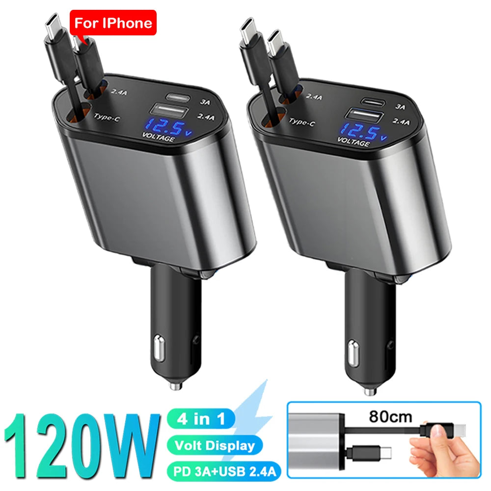 120W 4-in-1 Retractable Fast Car Charger with Voltage Display