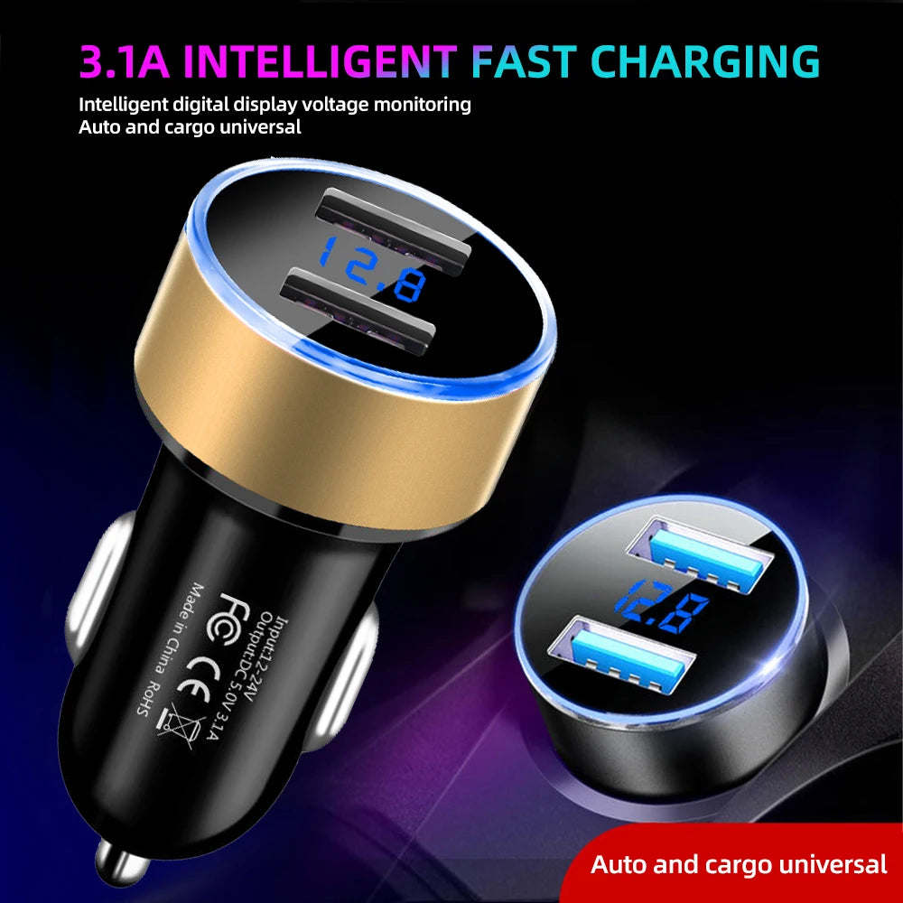 3.1A Dual USB Car Charger with LED Digital Voltage Display 12V 24V