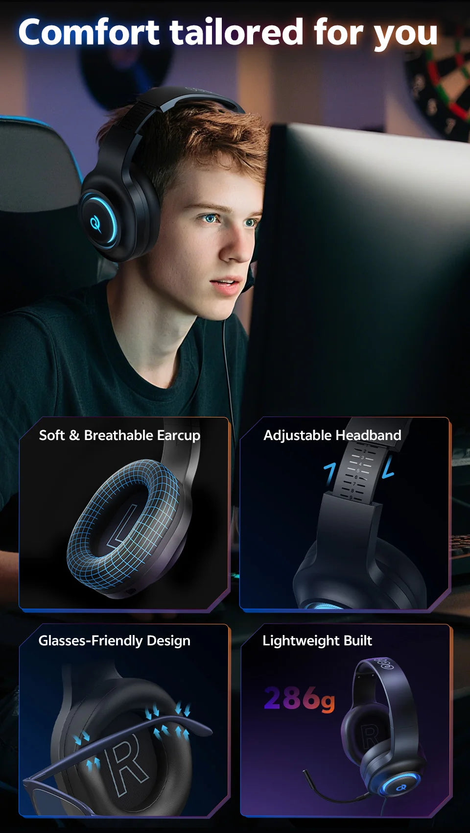 Wireless Gaming Headset with 7.1 Surround Sound and Bluetooth 6.0