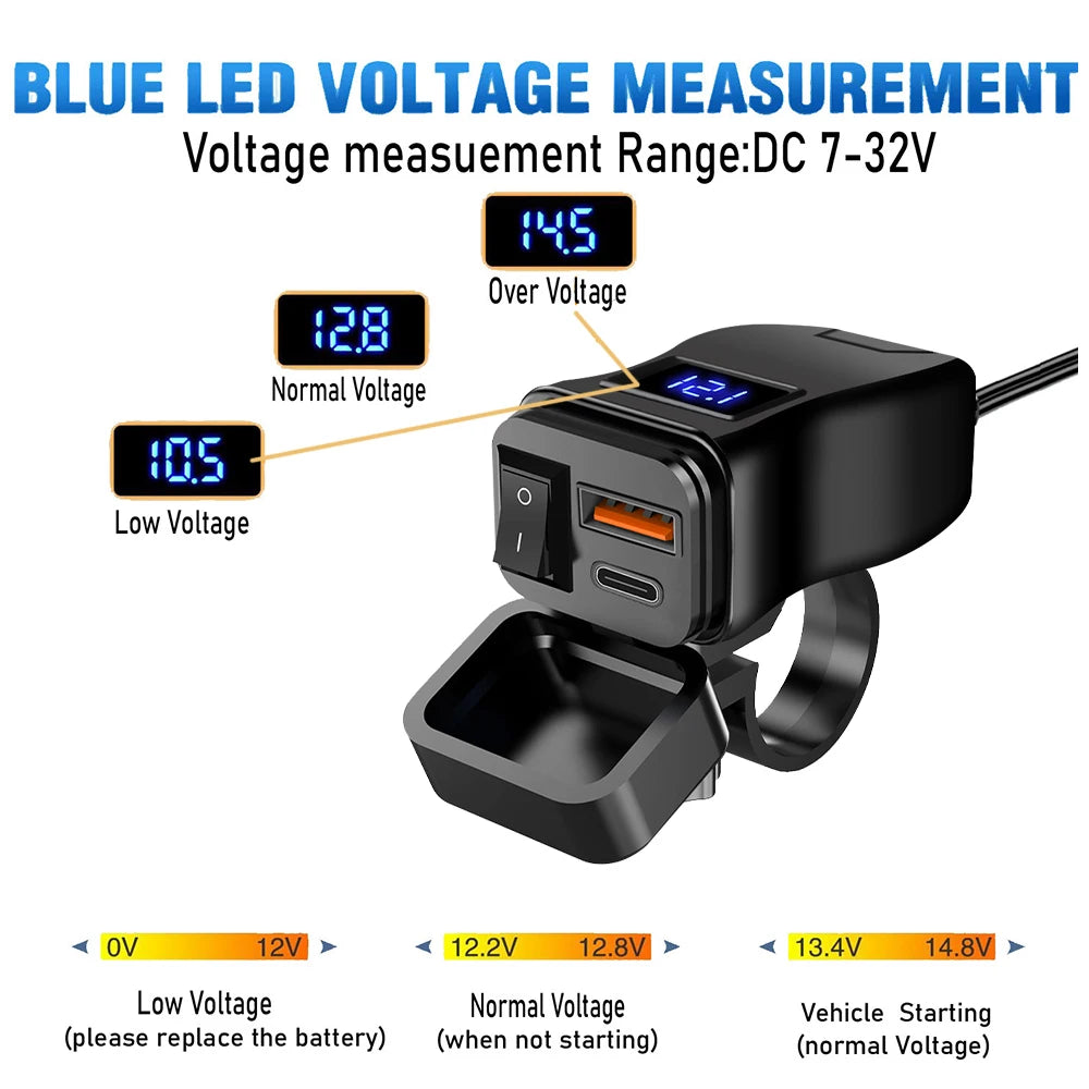 Motorcycle 100W Bidirectional USB Charger with Voltmeter and Switch