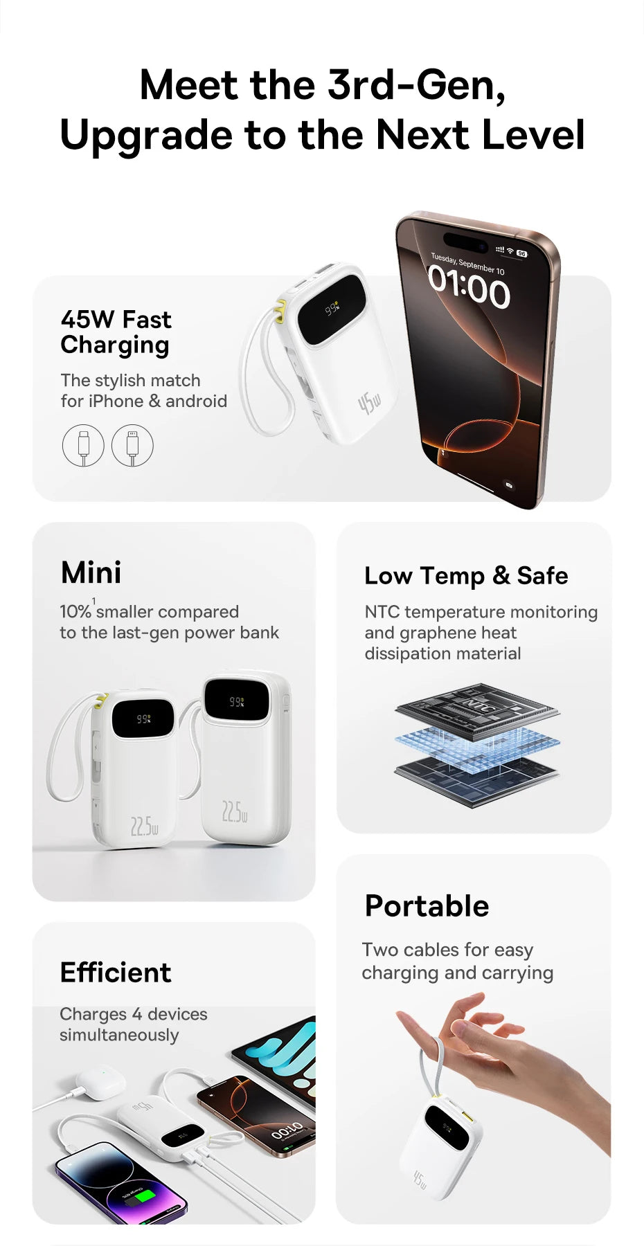 45W Fast Charging Power Bank with Built-in Cables