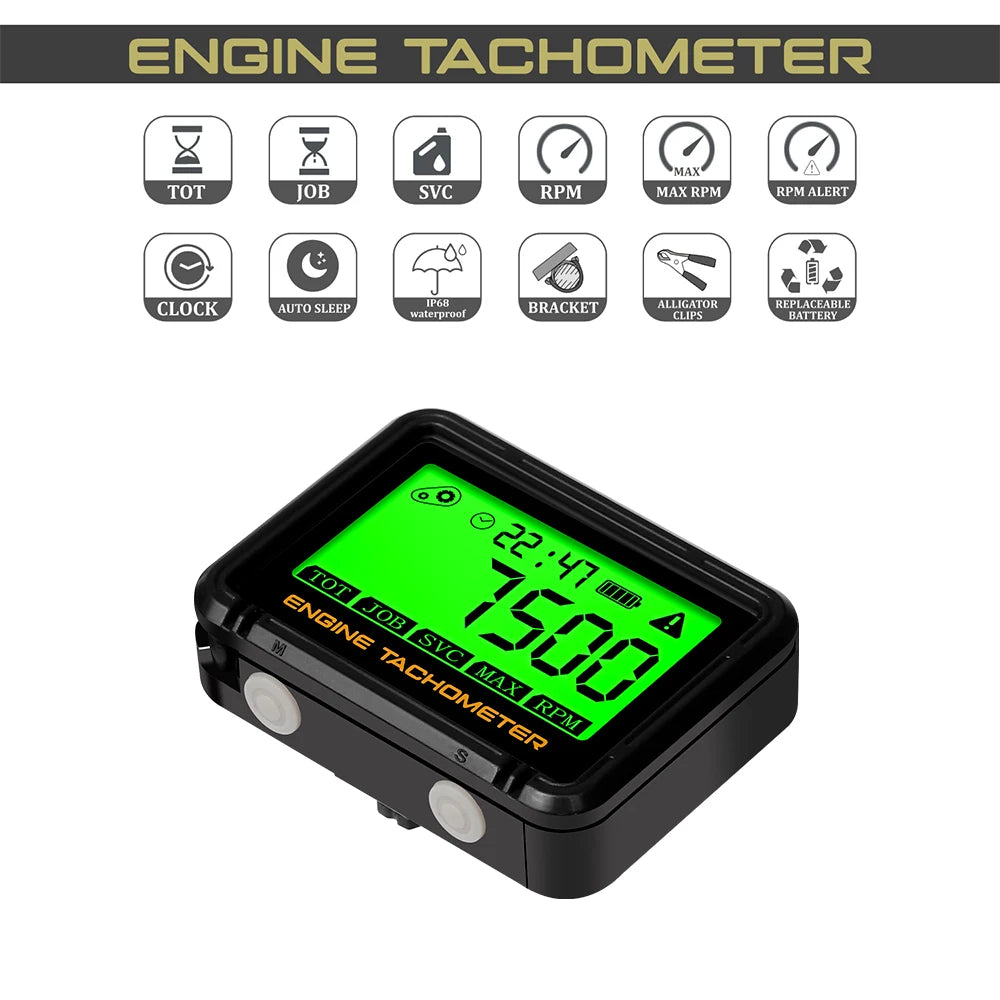 Digital Inductive Engine Tachometer and Hour Meter with Backlit LCD