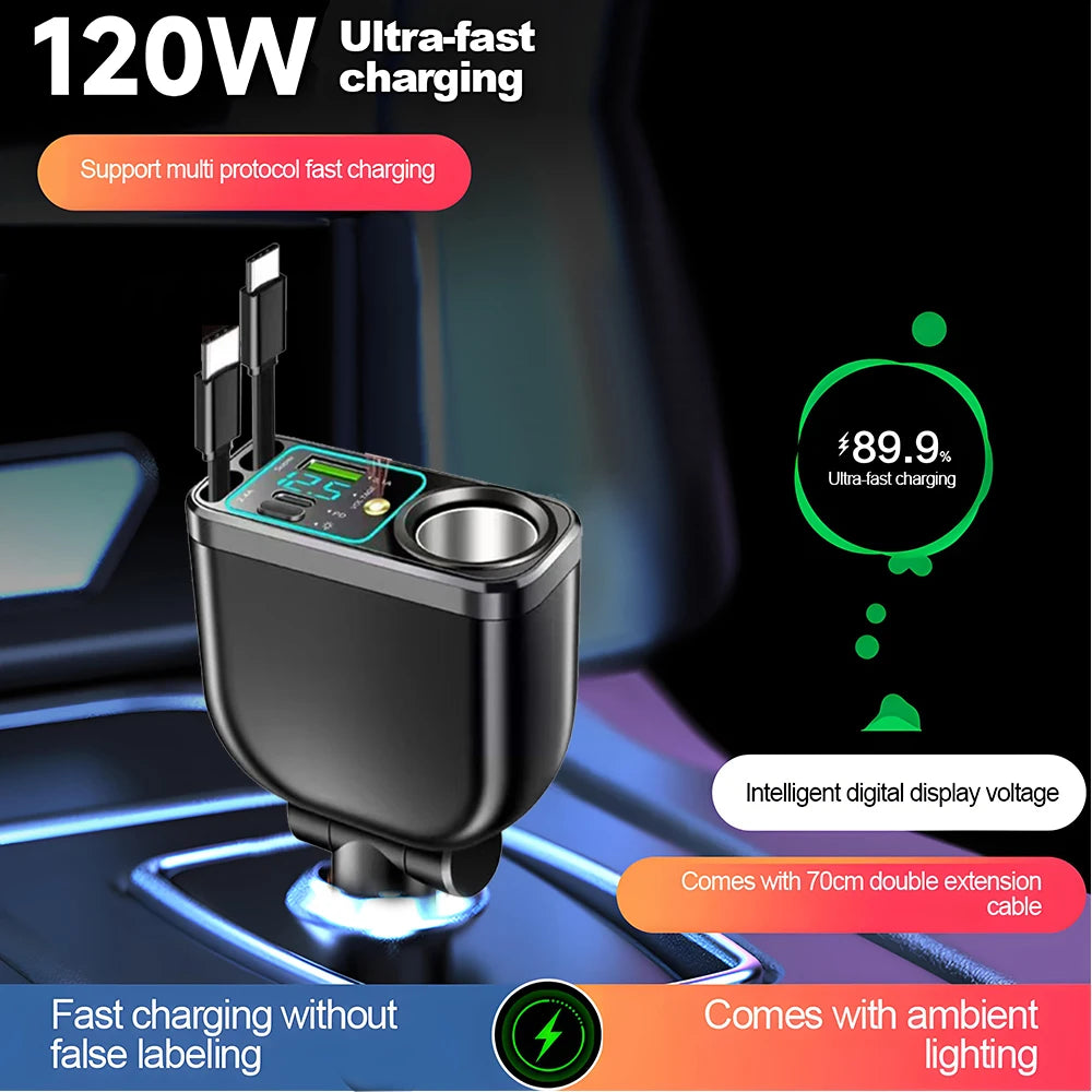 120W 5 in 1 Retractable Car Charger with Voltmeter and Starry Light