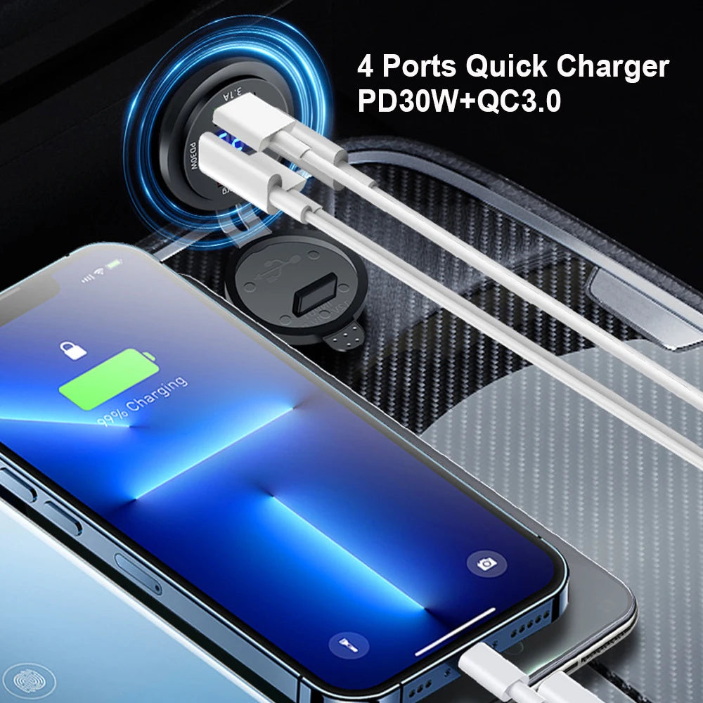 83W 4-Port Fast USB Car Charger Socket with Voltage Display - 9