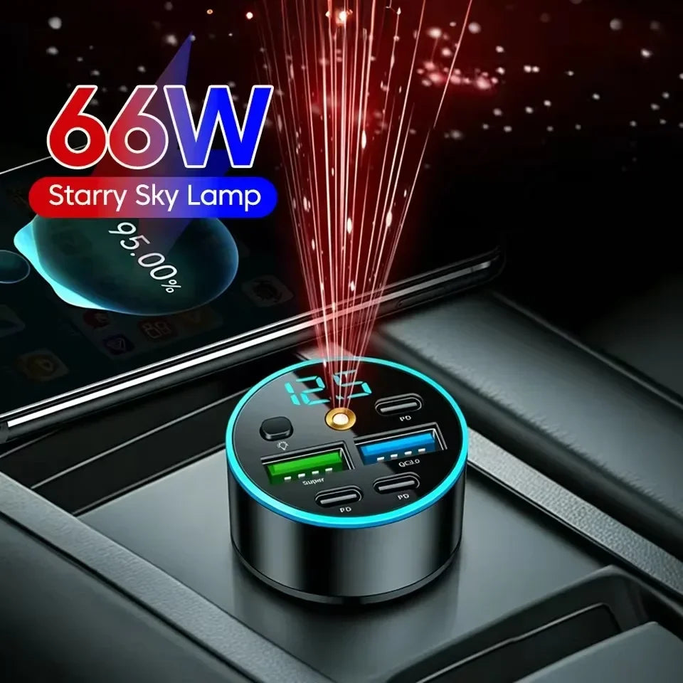 66W 5 Port Car Charger with 3 PD and 2 USB Ports and Starry Sky Lamp