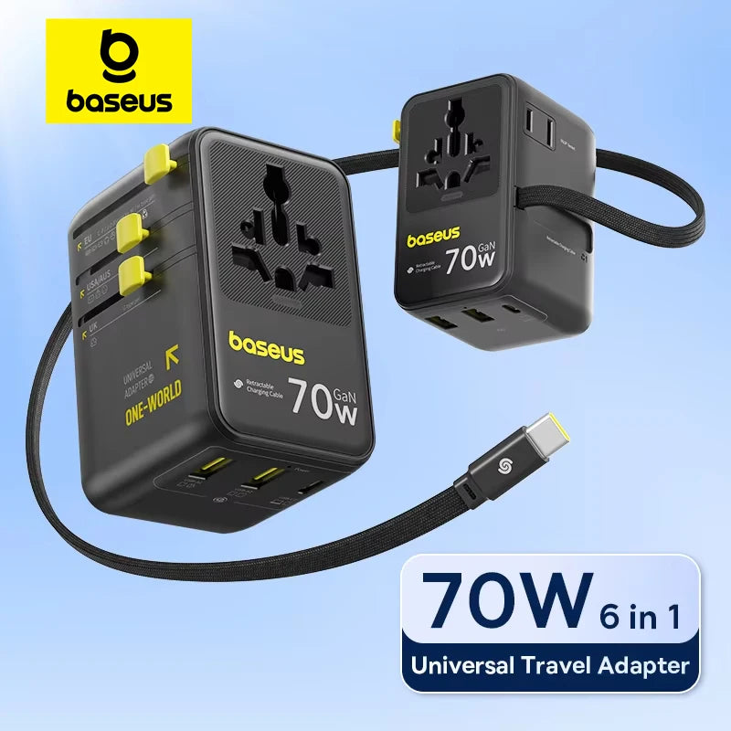 70W Universal Travel Adapter with Built-in Retractable Cable