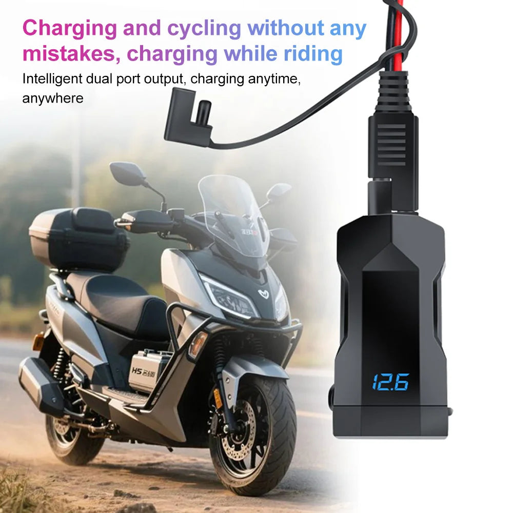 48W Dual USB-C & USB-A Motorcycle Phone Charger with Voltmeter