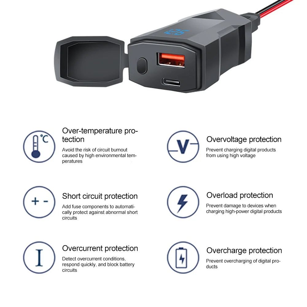 48W Dual USB-C & USB-A Motorcycle Phone Charger with Voltmeter