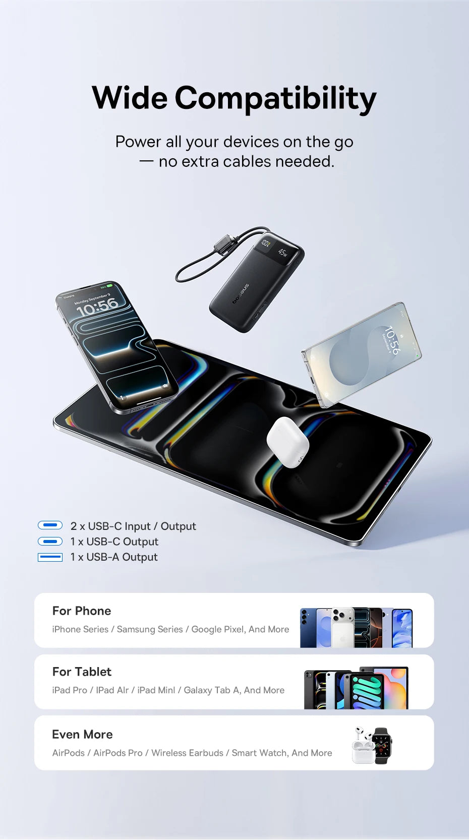 45W Fast Charging Power Bank with Dual Built-in USB-C Cables