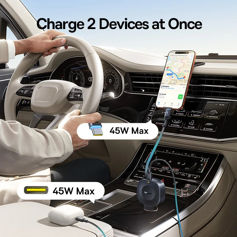 45W Dual USB-C Fast Car Charger with Retractable Cable - 5