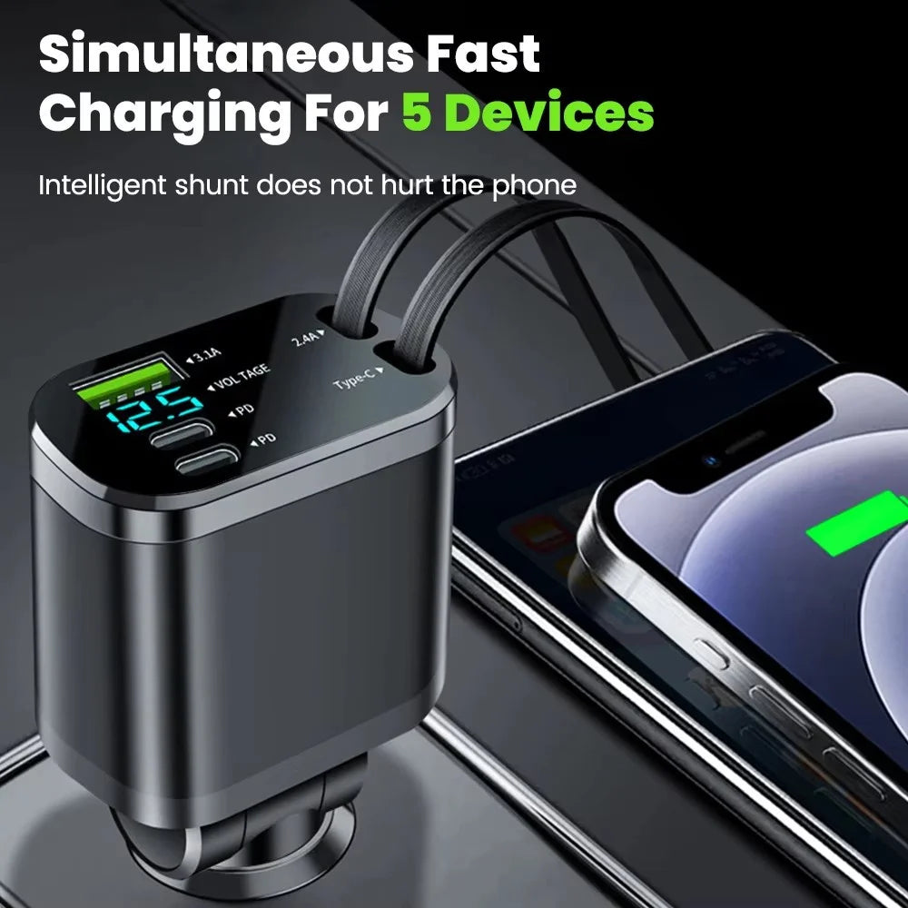 148W 7 in 1 Retractable Car Charger with Voltage Display and Starry Lamp