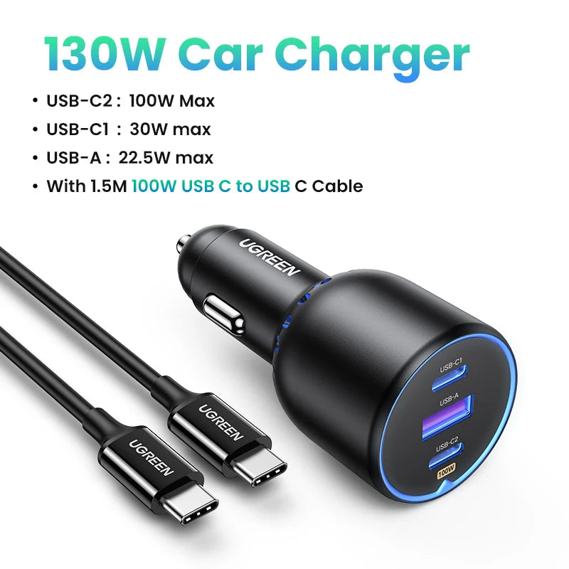 130W 3-Port Fast Car Charger for Laptops and Smartphones - 25
