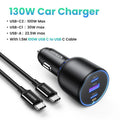130W 3-Port Fast Car Charger for Laptops and Smartphones