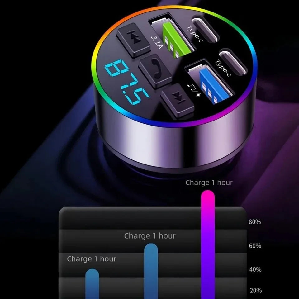 Bluetooth 5.0 FM Transmitter 66W 4 Port Car Charger Handsfree Adapter