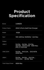 45W GaN Fast Wall Charger with 5 USB Ports