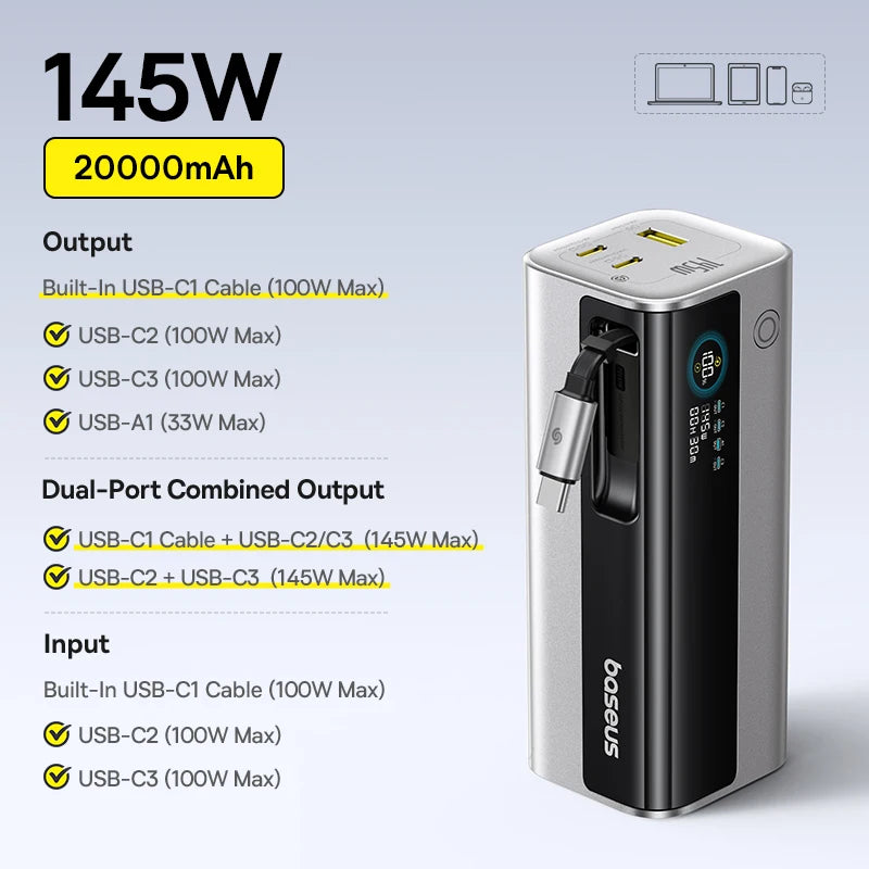 145W Fast Charging Portable Power Bank 20800mAh