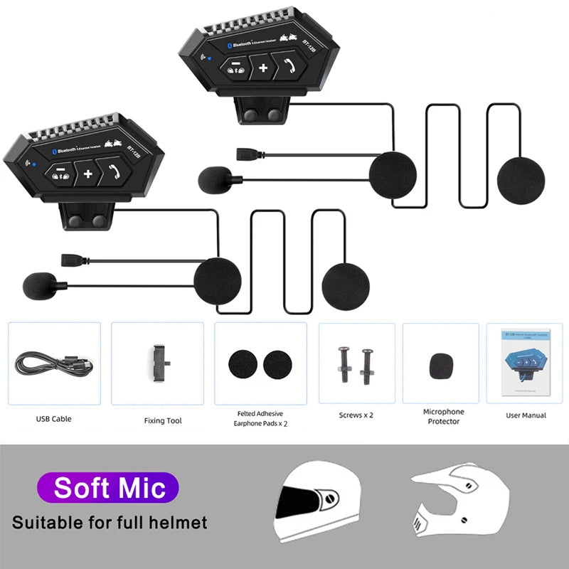 BT-12B Bluetooth 5.0 Motorcycle Helmet Intercom Headset 300M Range