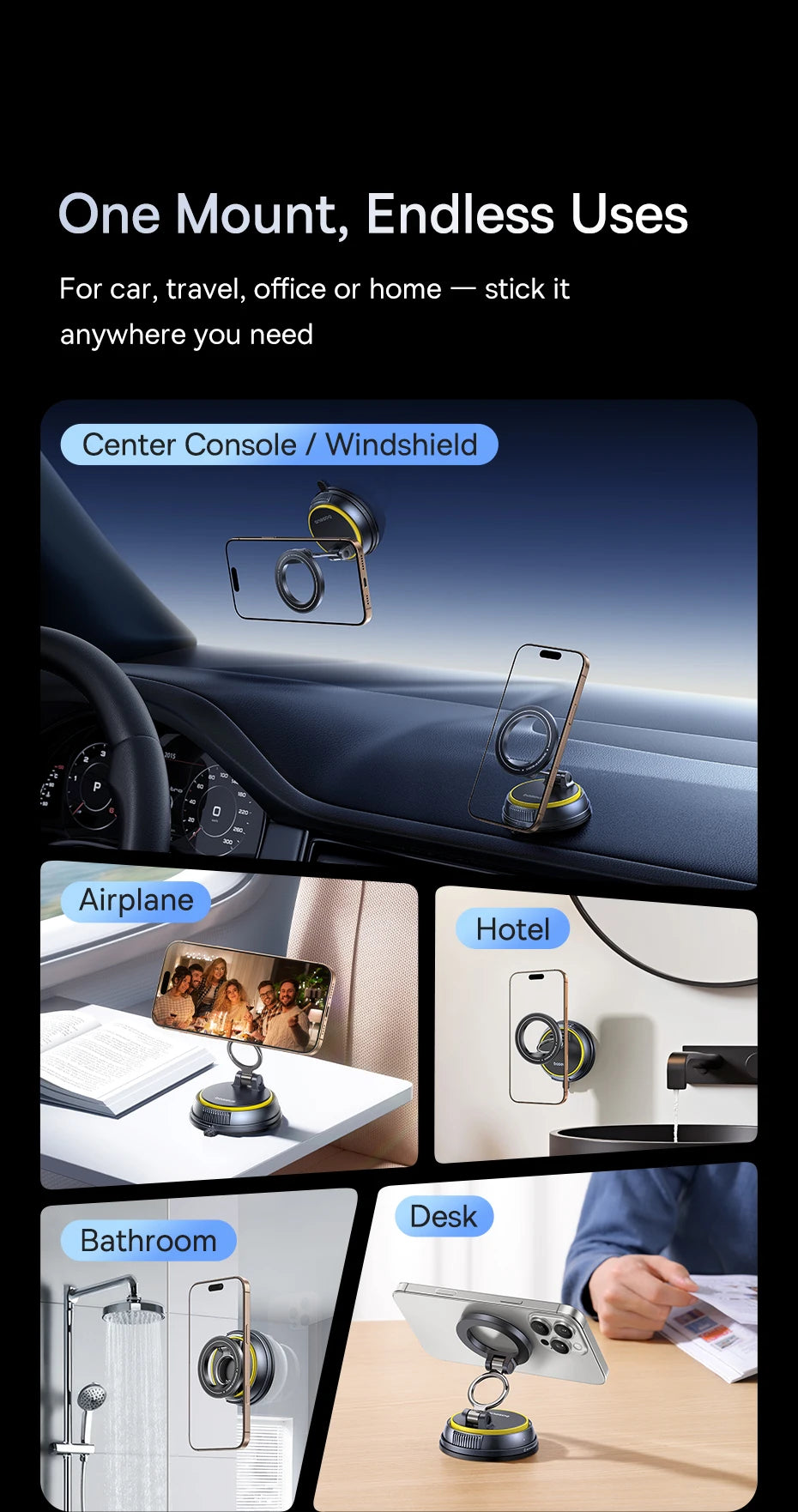 Magnetic Vacuum Suction Car Phone Mount with 360° Rotation