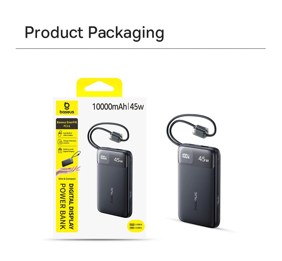 45W Fast Charging Power Bank with Dual Built-in USB-C Cables