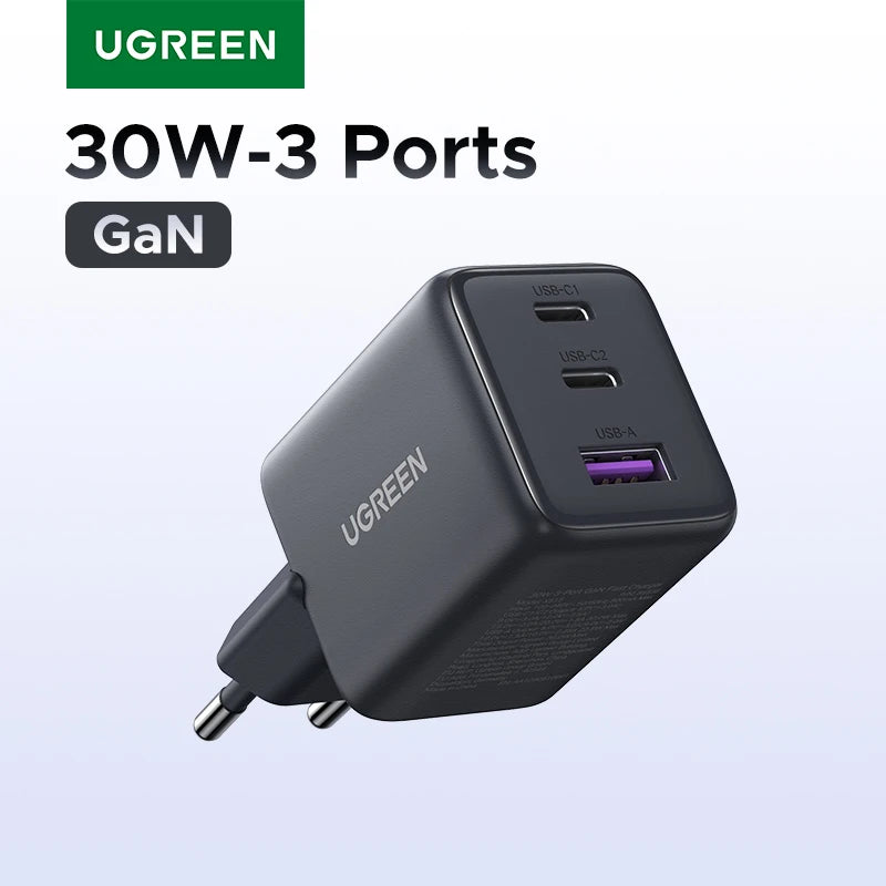 30W GaN Fast Wall Charger with 3 Ports for Smartphones and Tablets