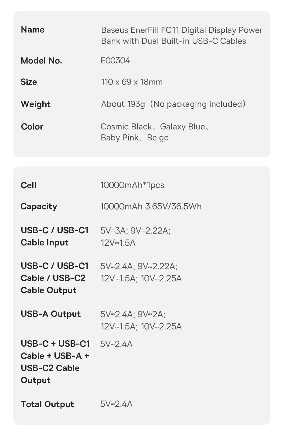 10000mAh Portable Power Bank with Dual Built-in USB-C Cables
