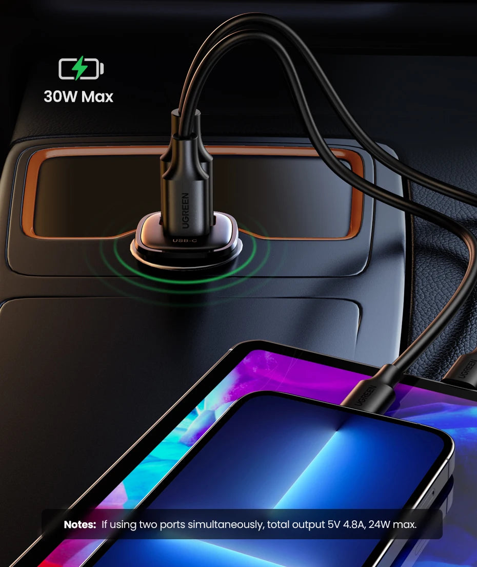 48W Dual Port Fast Car Charger with USB-C and USB-A - 12